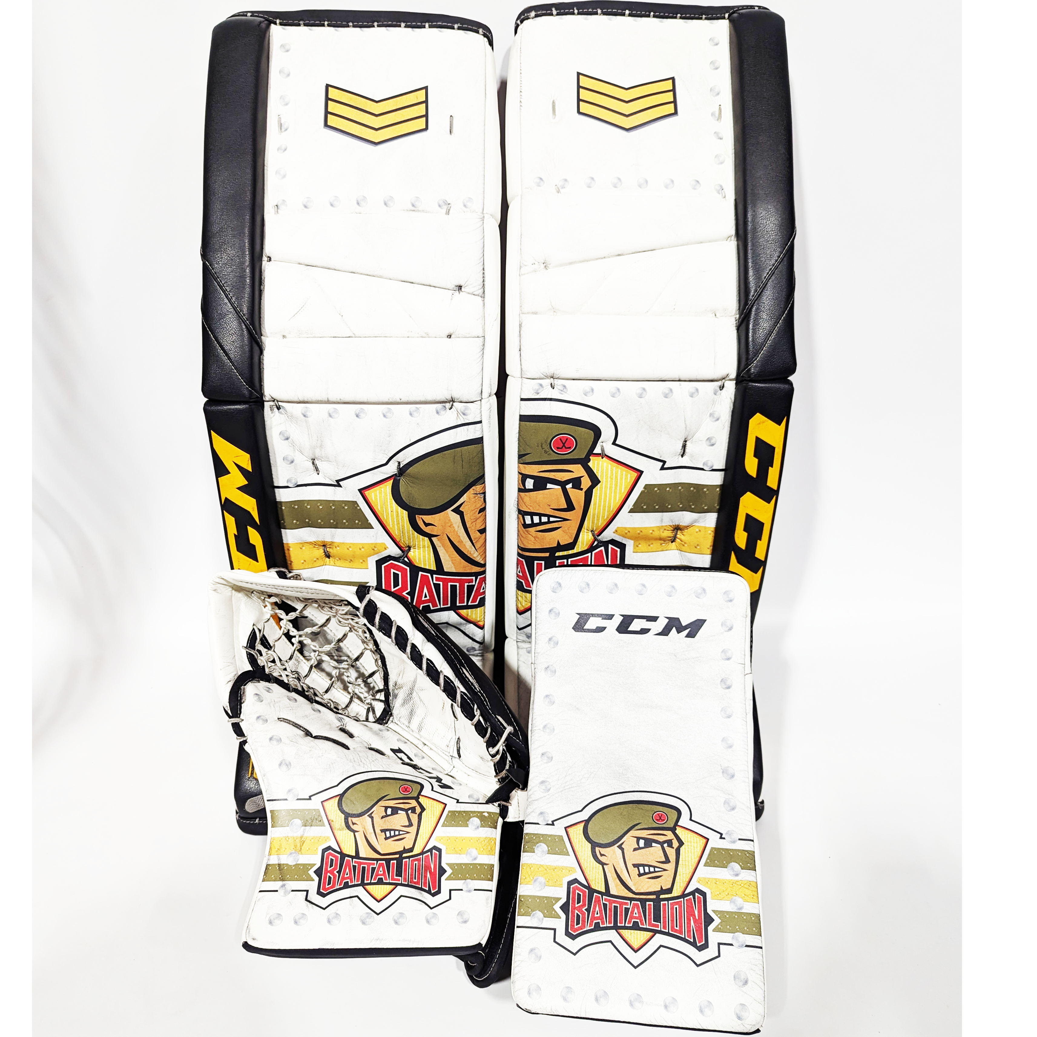 CCM Extreme Flex 5 - Jambières de gardien de but OHL Pro Stock d'occasion (blanc/vert/jaune)